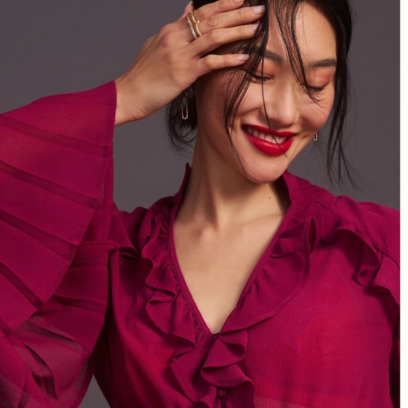 Anthropologie Sheer V-Neck Blouse - Picture 2 of 12